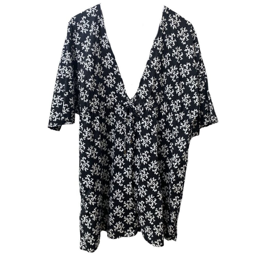 LANDS END Tunic Top XL Womens Beach Coverup Cotton Black White Cotton